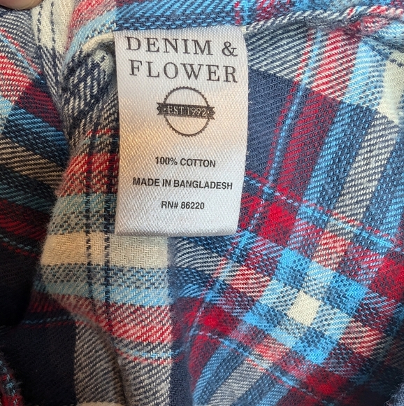 Denim & Flower Flannel Collection Plaid Button Down Blue Red White Mens Slim M - Picture 4 of 8